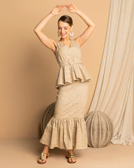 Russian Linen & Laise Set with Ruffled Skirt, Blouse, and Matching Belt