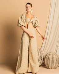 Russian Linen Set with Wide-Leg Pants and Front-Tie Sleeve Top