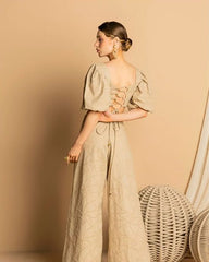 Russian Linen Set with Wide-Leg Pants and Front-Tie Sleeve Top