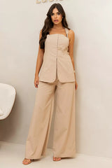 Viscose Pant Set with Tank Top, Silver Detail, and Back Neckline