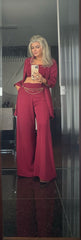 Tailored Three Piece Linen Set with Top, Pants, and Shirt Featuring Gold Belt