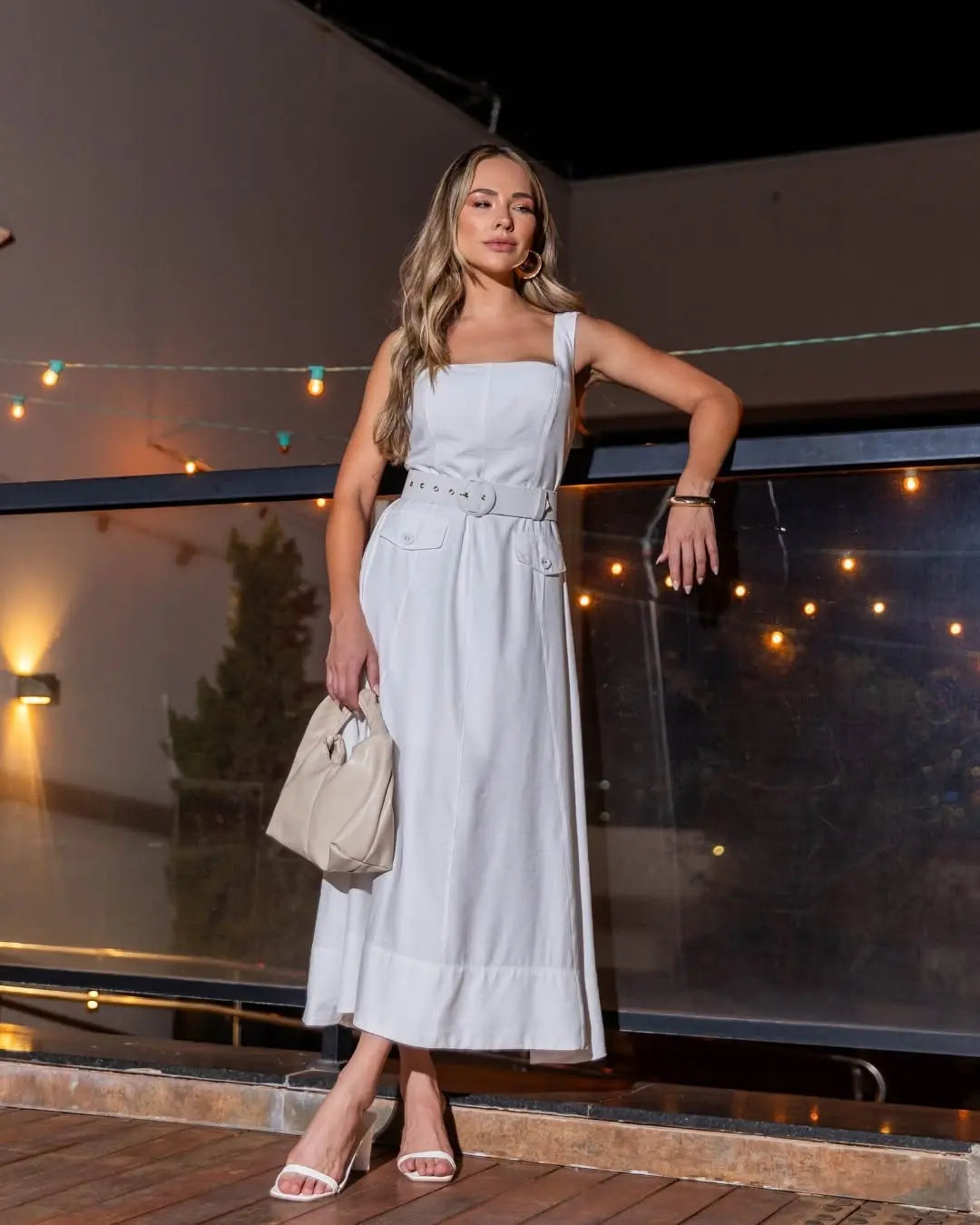 White Viscose Maxi Dress with Lined Belt Accyoli Concept Fashion