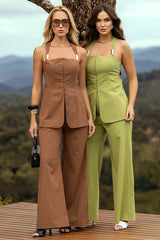 Viscose Pant Set with Tank Top, Silver Detail, and Back Neckline
