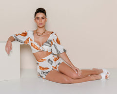 Stamped Linen Top and Shorts Set with Front Detail