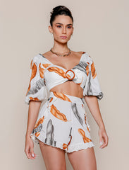 Stamped Linen Top and Shorts Set with Front Detail