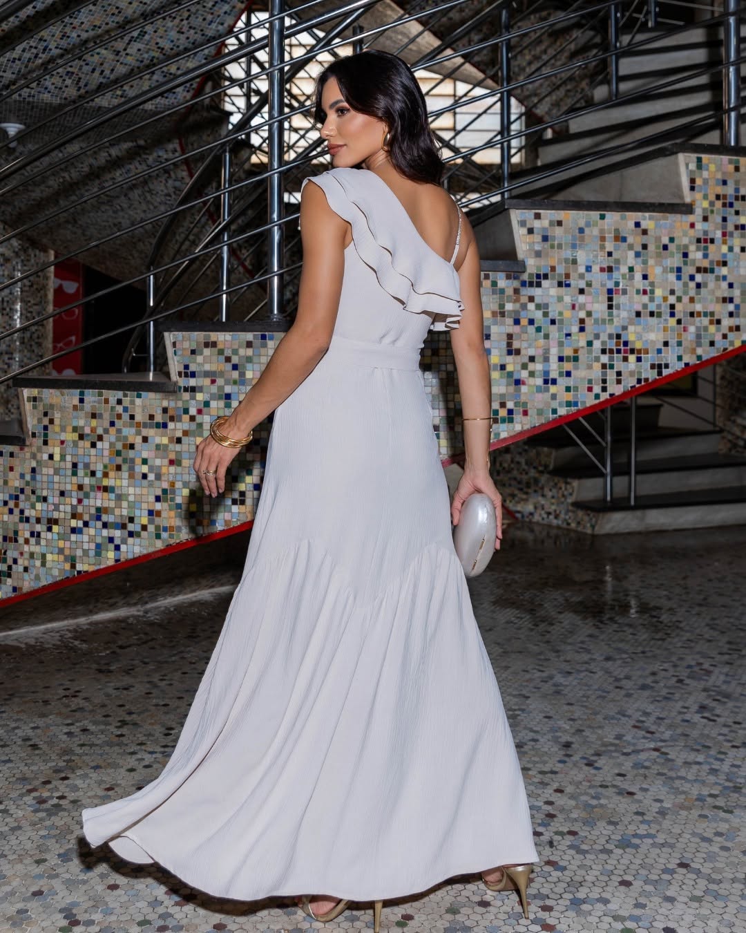 One-Shoulder Beige Chiffon Maxi Dress with Rhinestone Strap and Matching Fabric Belt