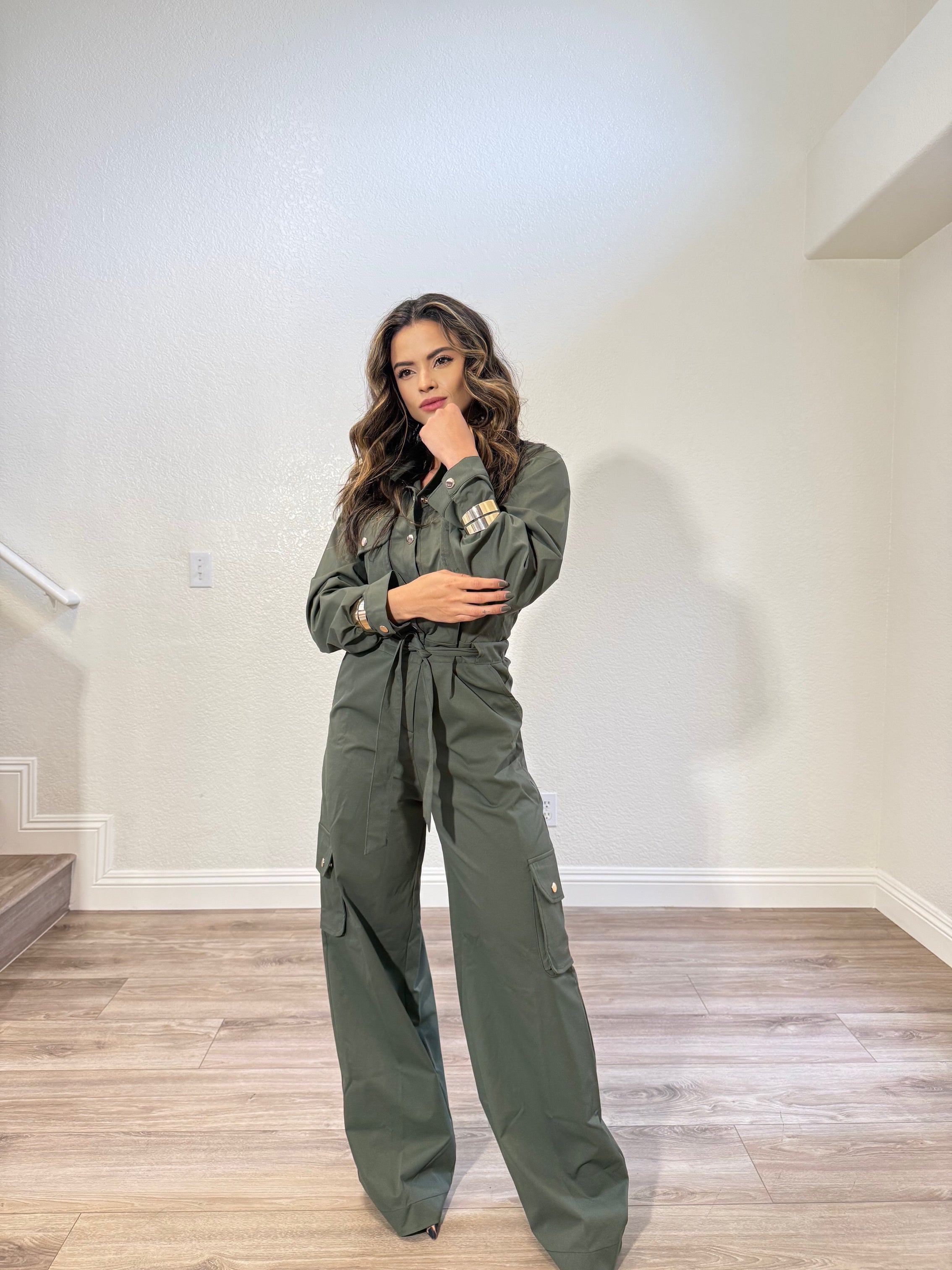 Twill Jumpsuit with Front Buttons, Long Sleeves, and Matching Fabric Belt