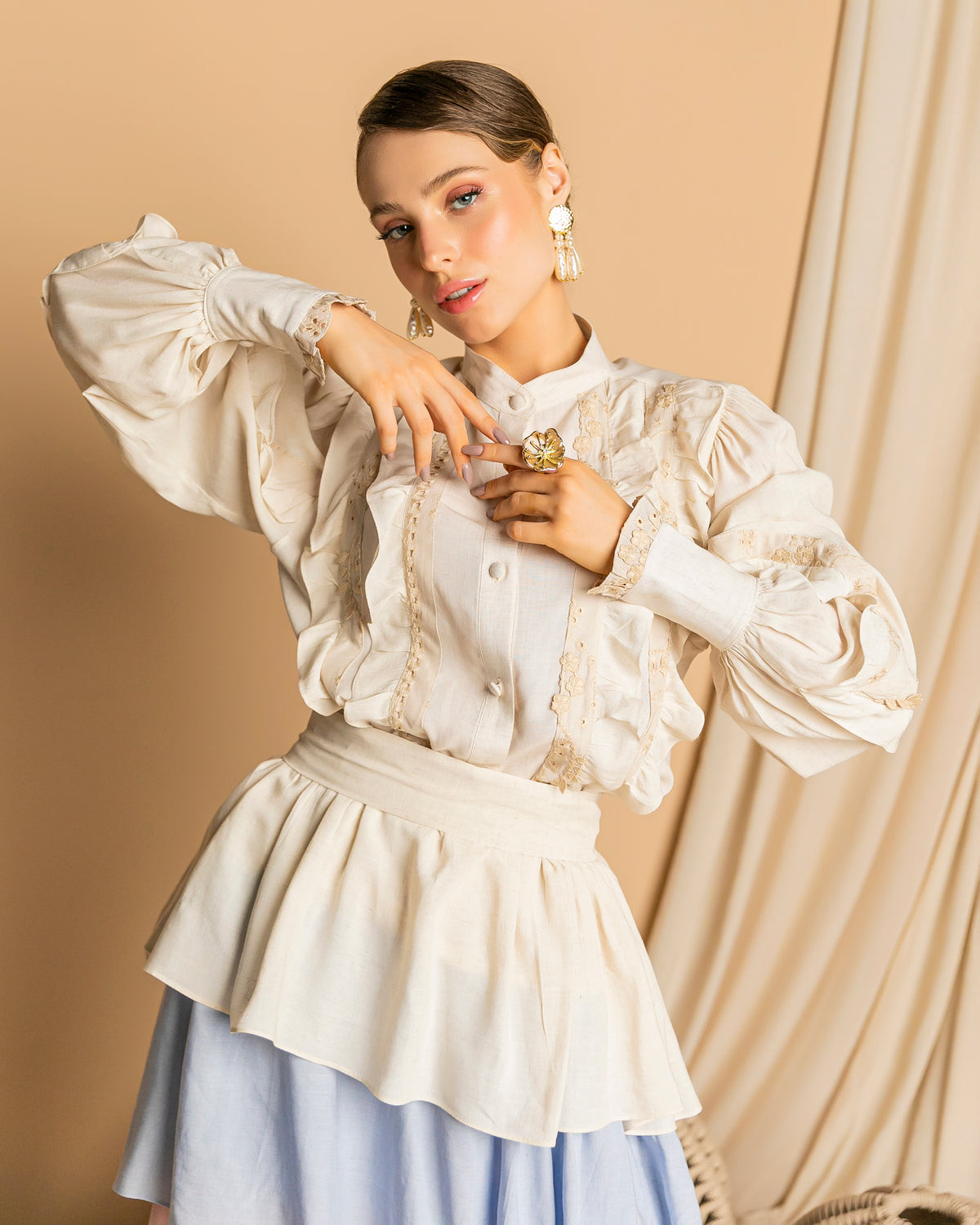 Linen Shirt with Ruffles and Embroidery