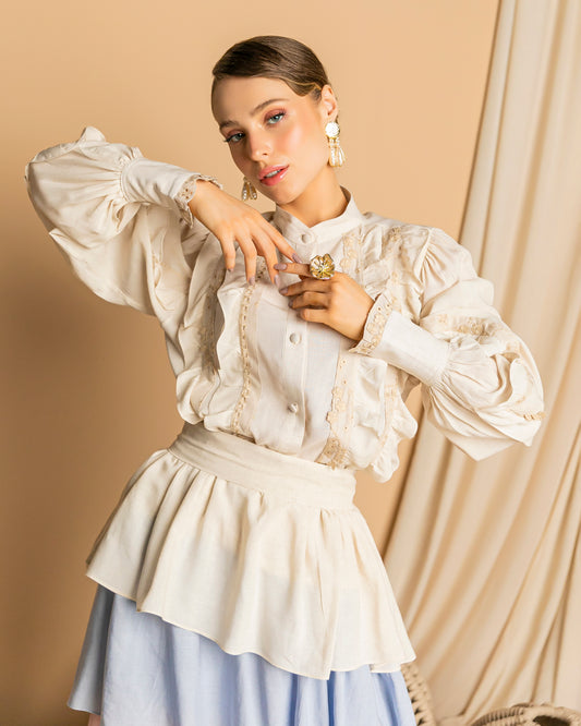 Linen Shirt with Ruffles and Embroidery