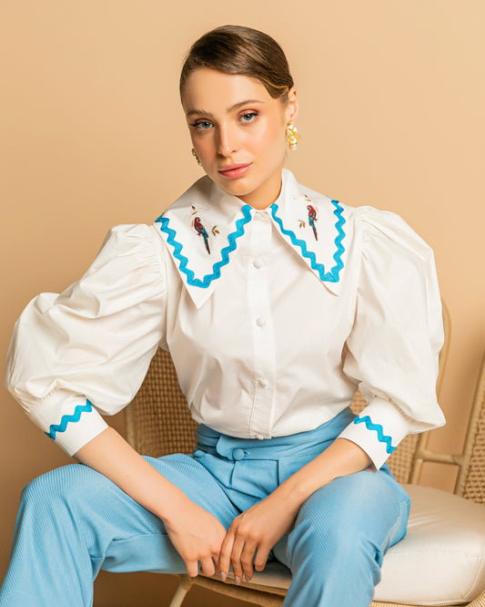 Shirt with Embroidered Collar and Puff Sleeves
