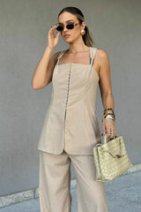 Viscose Pant Set with Tank Top, Silver Detail, and Back Neckline