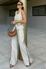 Linen Set with Straight Trousers and Vest with Embroidered Front Pockets