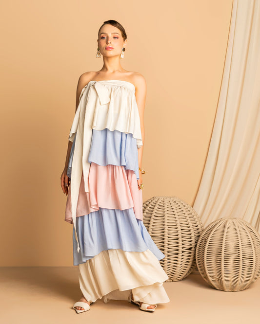 Long Layered Linen Skirt in Three Tones