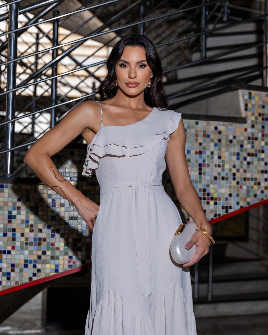 One-Shoulder Beige Chiffon Maxi Dress with Rhinestone Strap and Matching Fabric Belt