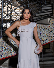 One-Shoulder Beige Chiffon Maxi Dress with Rhinestone Strap and Matching Fabric Belt