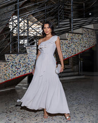 One-Shoulder Beige Chiffon Maxi Dress with Rhinestone Strap and Matching Fabric Belt