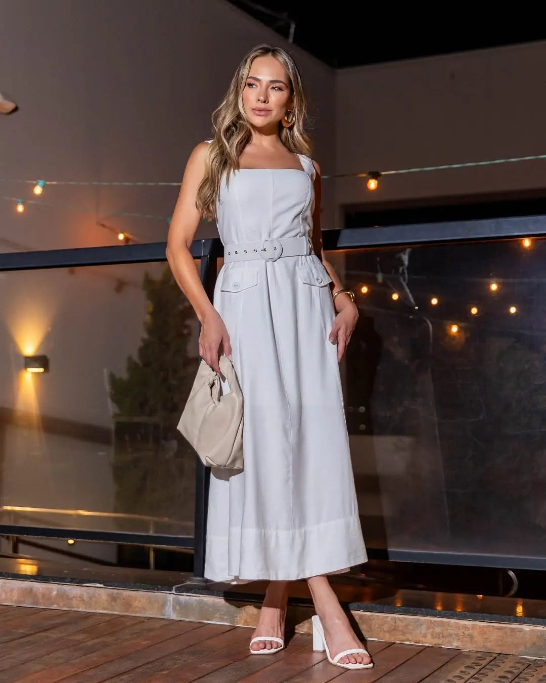 White Viscose Maxi Dress with Lined Belt Accyoli Concept Fashion