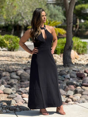 Maxi Viscose Dress with Eyelets at the Neck and Open Back