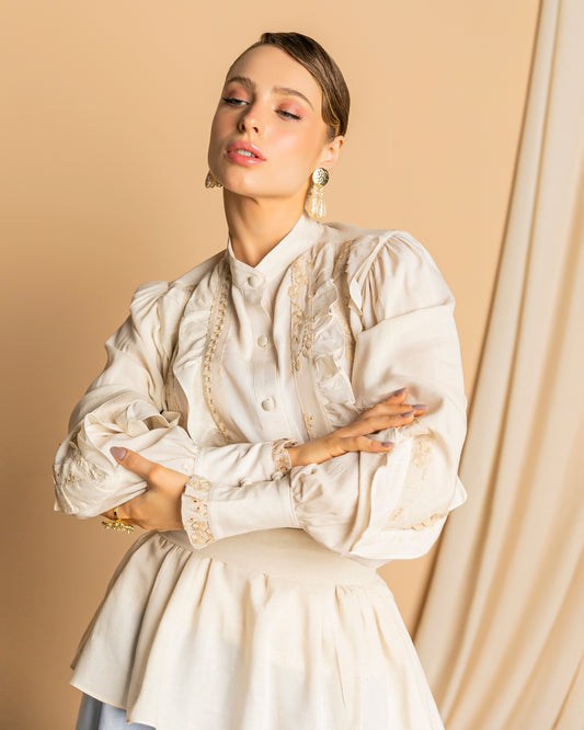 Linen Shirt with Ruffles and Embroidery