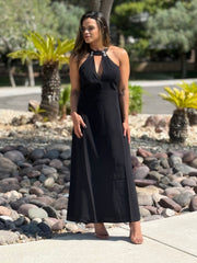 Maxi Viscose Dress with Eyelets at the Neck and Open Back