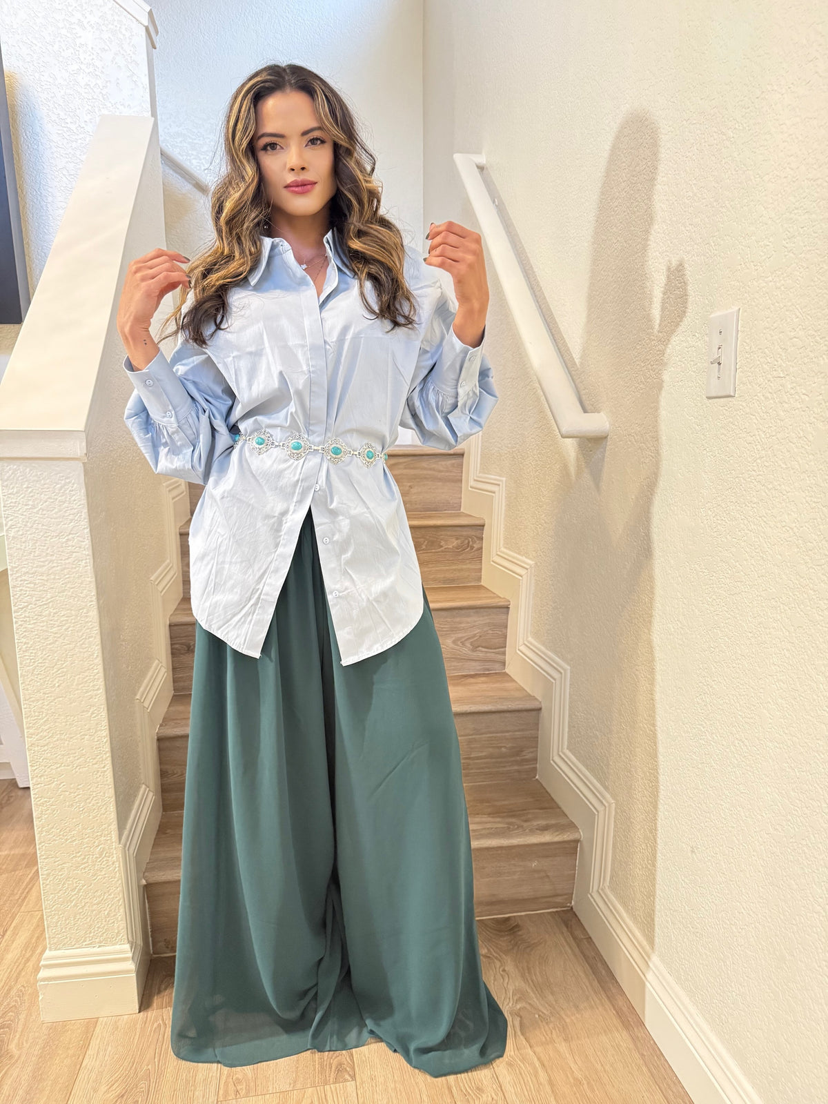 Cotton Maxi Shirt with Lined Front Buttons and Puff Sleeves