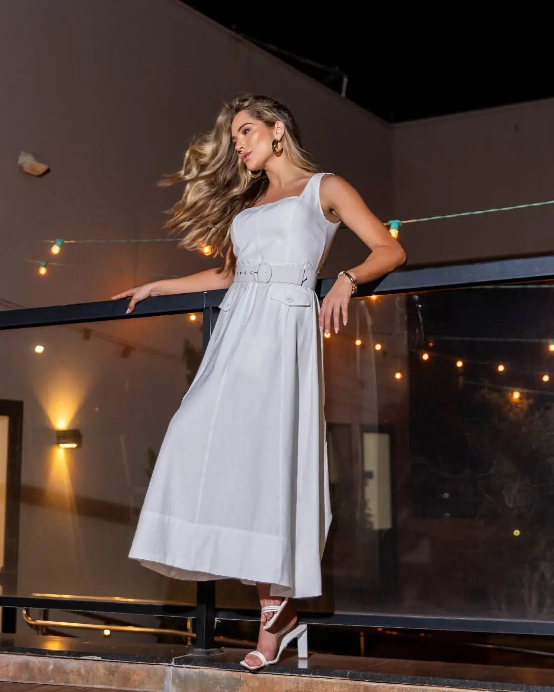 White Viscose Maxi Dress with Lined Belt Accyoli Concept Fashion