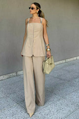 Viscose Pant Set with Tank Top, Silver Detail, and Back Neckline