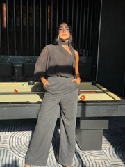 Tailored Jumpsuit with Chiffon and Neck/Back Tie