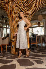 Embroidered Linen Midi Dress with Pearl Straps