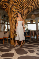 Embroidered Linen Midi Dress with Pearl Straps