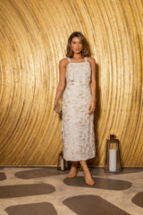 Linen Midi Dress with Gold Embroidery