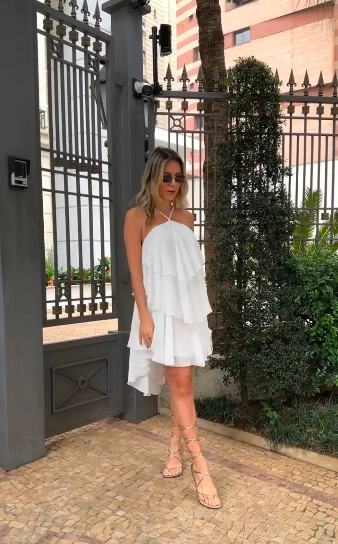 Ruffled Chiffon Dress with Halter Straps and Asymmetrical Layers Accyoli Concept Fashion