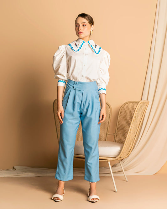 Shirt with Embroidered Collar and Puff Sleeves