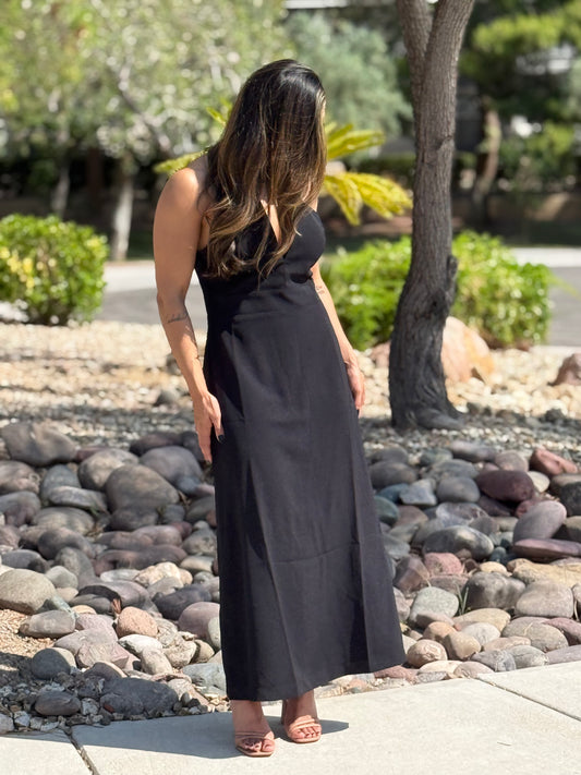 Maxi Viscose Dress with Eyelets at the Neck and Open Back