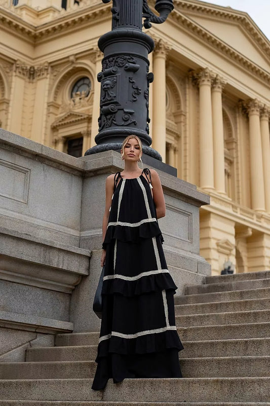 Ruffle Maxi Dress with Lace Details and Straps with Pendant