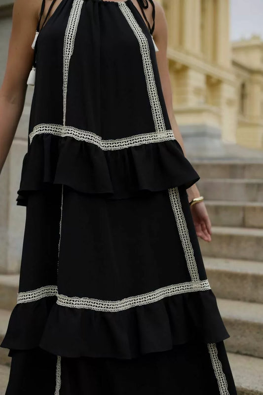 Ruffle Maxi Dress with Lace Details and Straps with Pendant