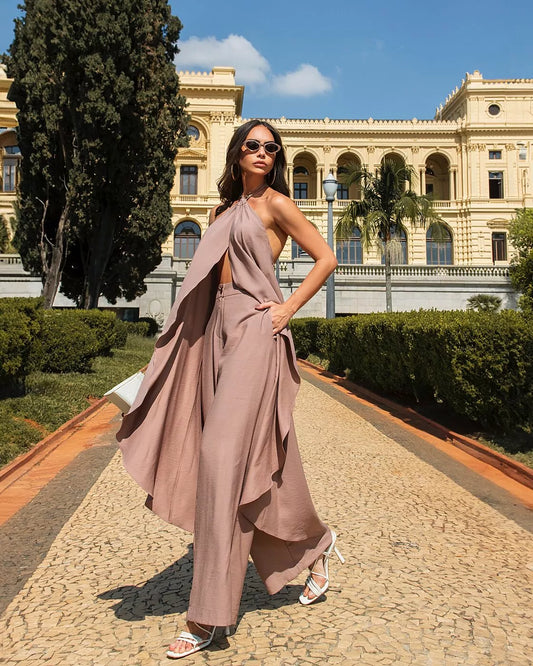 Tailored Set with Pants and Tunic with Front Opening and Metal Neck Detail
