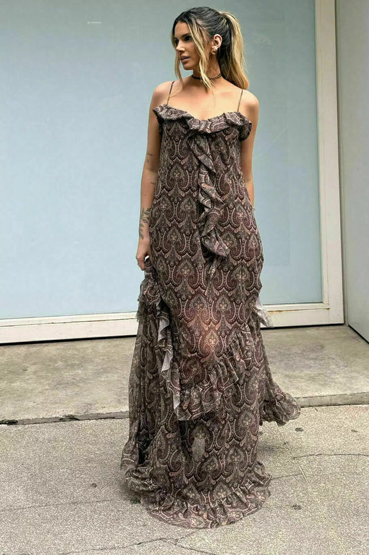 Boho Chic Tulle Maxi Dress with Ruffles