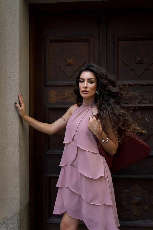 Short Chiffon Dress with Layers and Halter Neck