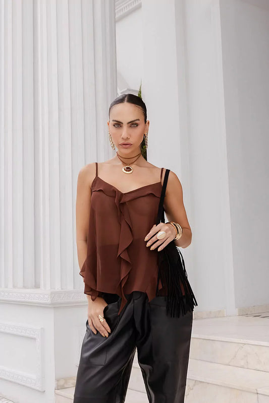 Chiffon Tank Top with Straps and Front Ruffles