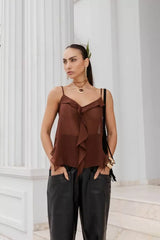 Chiffon Tank Top with Straps and Front Ruffles