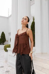Chiffon Tank Top with Straps and Front Ruffles
