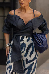 Off-the-Shoulder Wrap-Style Denim Blouse