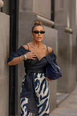Off-the-Shoulder Wrap-Style Denim Blouse