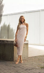 Stamped Midi Sheath Dress with Neck Detail