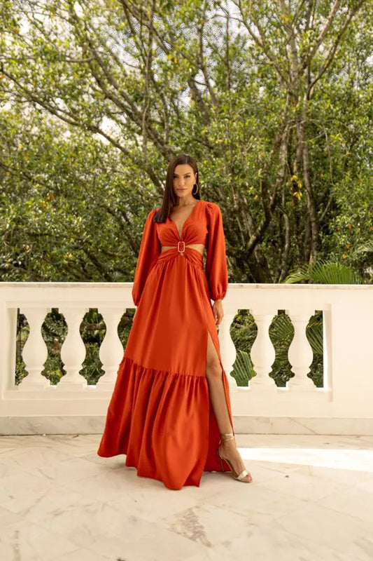 Maxi Viscose Dress with Sleeves and Rhinestone Waist Detail