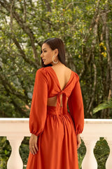 Maxi Viscose Dress with Sleeves and Rhinestone Waist Detail