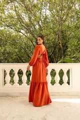 Maxi Viscose Dress with Sleeves and Rhinestone Waist Detail