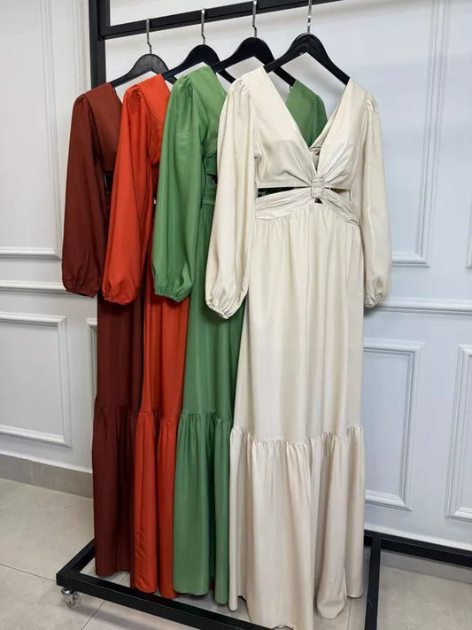 Maxi Viscose Dress with Sleeves and Rhinestone Waist Detail