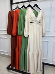 Maxi Viscose Dress with Sleeves and Rhinestone Waist Detail
